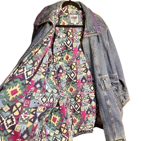The Unbranded Brand Jackets & Blazers - Vintage 90 Western Aztec Lined Denim Coat Women 2X Heavyweight Barn Chore Jacket